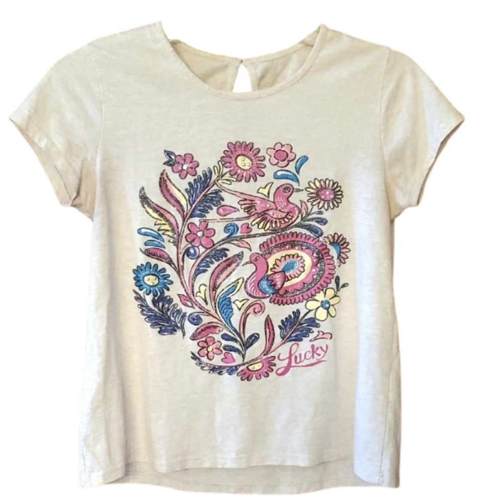 Lucky Brand Girl's Cream Heathered Sparkly Bird Graphic Short Sleeve Tee Size XL